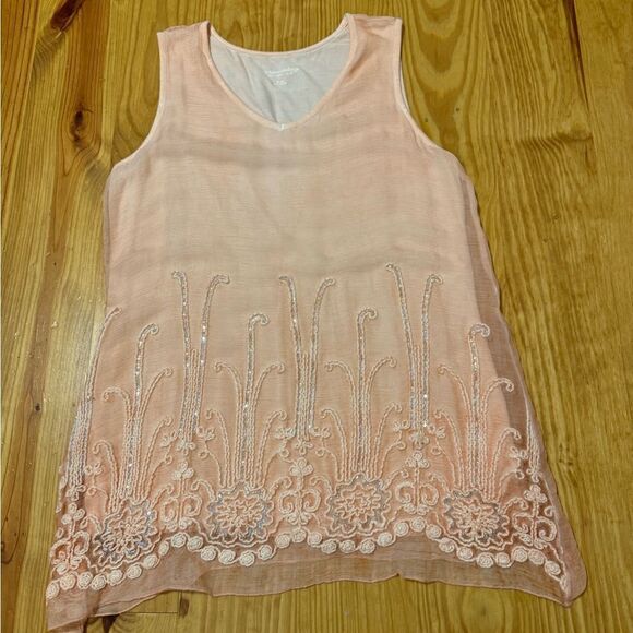 Soft Surroundings Peach Silk Tunic Top Sequin Embroidered Viscose Lining Small - Picture 3 of 10